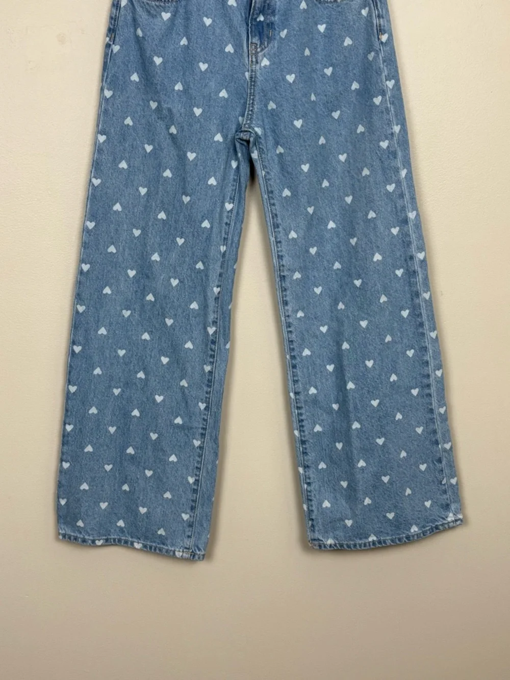 Old Navy Jean Girl 16 Blue Baggy Wide Leg Heart Print High Rise Adjustable Denim